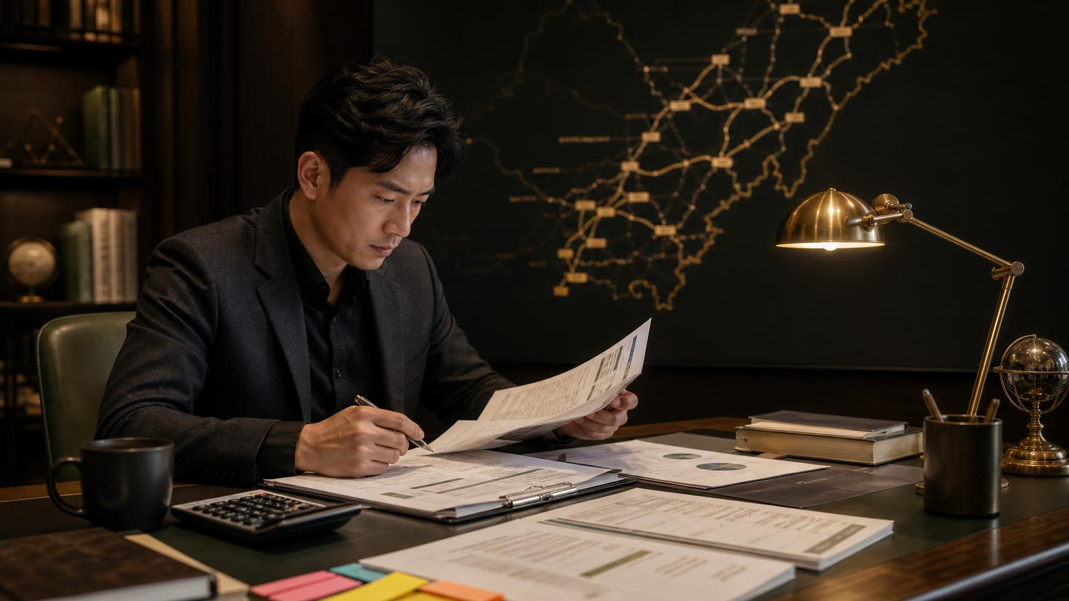 研究員在書房中交叉檢視公司財報與產業關係